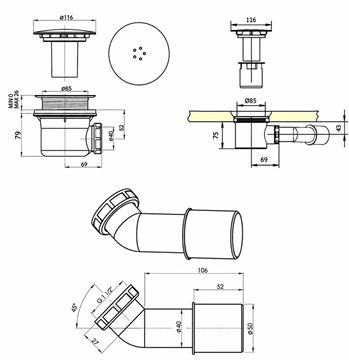 RONAL vaničkový sifón pr. 90 mm, chróm SIWM.10 Technický nákres
