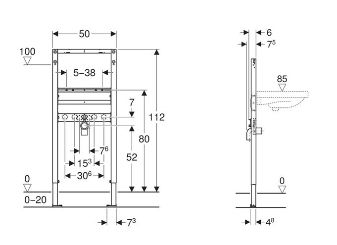 GEBERIT DUOFIX montážny rám pre umývadlo a batériu 112 cm 111.471.00.2 Technický nákres