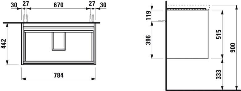 LAUFEN LANI skrinka pod umývadlo 78,4x44,2x51,5 cm, 2 zásuvky, divoký dub H4035521122671 Technický nákres