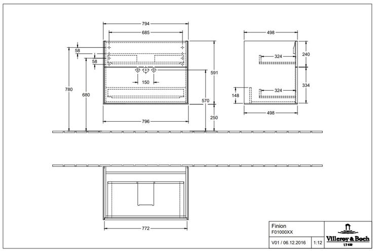 VILLEROY & BOCH FINION skrinka pod umývadlo 79,6x49,8x59,1 cm, 2 zásuvky, Push-open, Black Matt Lasquer F01000PD Technický nákres