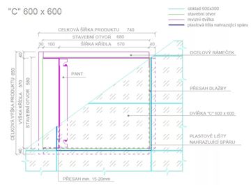 ZAVRZ revízne dvierka 600x600 mm, pod obklad, s tlačným otváraním CK600x600 Technický nákres