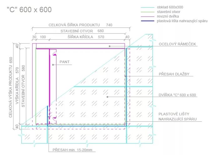 ZAVRZ revízne dvierka 600x600 mm, pod obklad, s tlačným otváraním CK600x600 Technický nákres