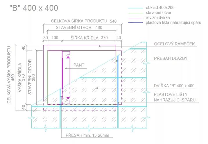 ZAVRZ revízne dvierka 400x400 mm, pod obklad, s tlačným otváraním BK400x400 Technický nákres