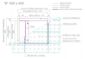 ZAVRZ revízne dvierka 400x400 mm, pod obklad, s tlačným otváraním BK400x400 Technický nákres