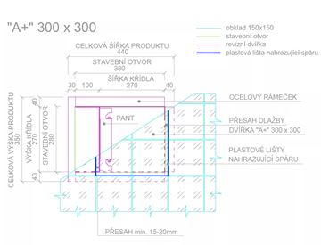 ZAVRZ revízne dvierka 300x300 mm, pod obklad, s tlačným otváraním A+K300x300 Technický nákres