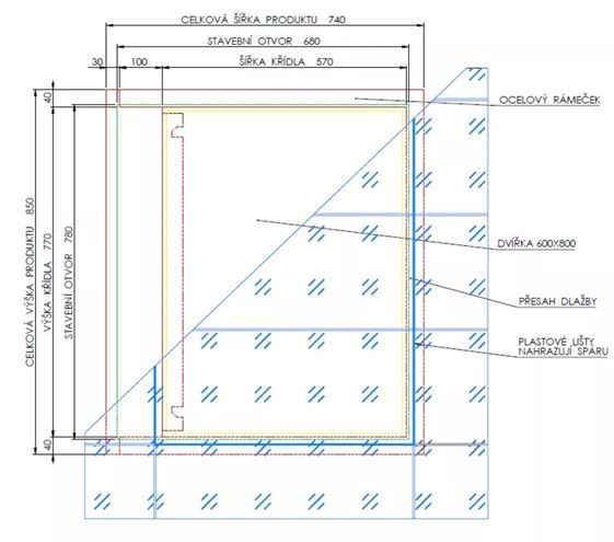 ZAVRZ revízne dvierka 600x800 mm, pod obklad, s tlačným otváraním DK600x800 Technický nákres
