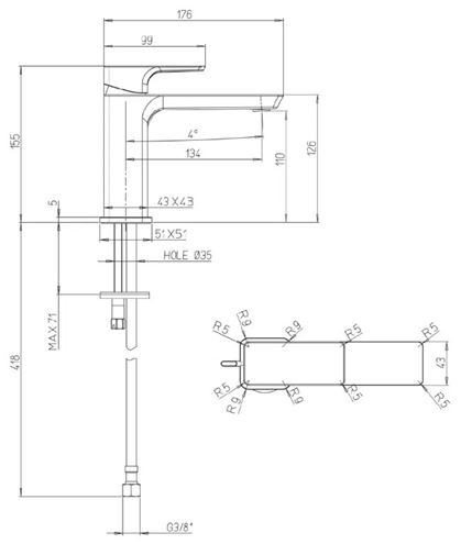 VILLEROY & BOCH SUBWAY 3.0 umývadlová stojanková batéria, chróm TVW11200300061 Technický nákres