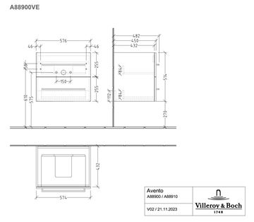 VILLEROY & BOCH AVENTO skrinka pod umývadlo 57,6x48,2x51,4 cm, 2 zásuvky, Brilliant White A88900VE Technický nákres