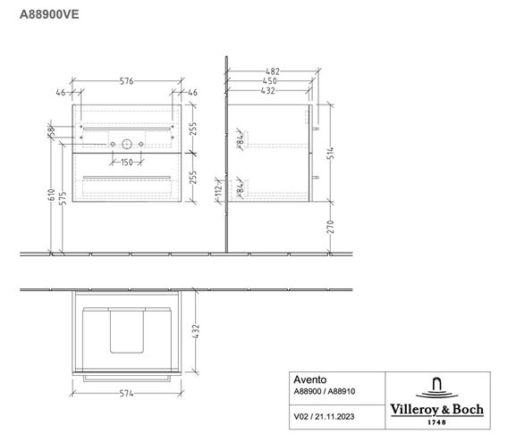 VILLEROY & BOCH AVENTO skrinka pod umývadlo 57,6x48,2x51,4 cm, 2 zásuvky, Brilliant White A88900VE Technický nákres
