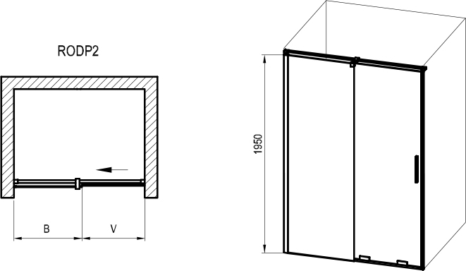 RAVAK ROLL RODP2 sprchové dvere 120x195 cm, posuvné, lesklá strieborná/číre sklo  X08VG0C00Z1 Technický nákres