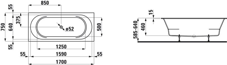LAUFEN PRE vaňa 170x75 cm, s nožičkami, Marbond H2429500000001 Technický nákres