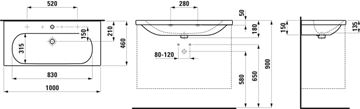LAUFEN LUA umývadlo 100 cm, s otvorom pre batériu a prepadom H8100890001041 Technický nákres