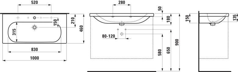 LAUFEN LUA umývadlo 100 cm, s otvorom pre batériu a prepadom H8100890001041 Technický nákres