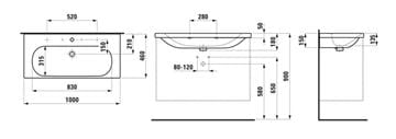 LAUFEN LUA umývadlo 100 cm, s 2 otvormi pre batérie a prepadom H8100890001071 Technický nákres