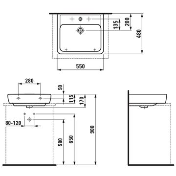 LAUFEN PRE A umývadlo 55 cm, s otvorom pre batériu a prepadom H8179510001041 Technický nákres