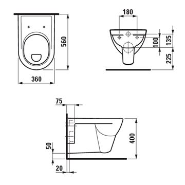 LAUFEN PRO závesné WC, ploché splachovanie, LCC H8209514000001 Technický nákres