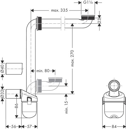 HANSGROHE nábytkový sifón k umývadlu DN32, s prevlečnou maticou 5/4 54235000 Technický nákres