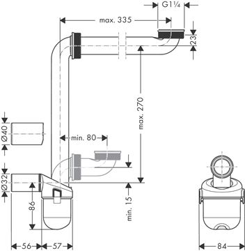 HANSGROHE nábytkový sifón k umývadlu DN32, s prevlečnou maticou 5/4 54235000 Technický nákres