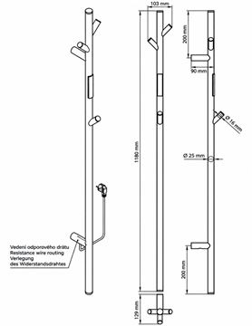 BEMETA elektrický sušiak uterákov 1180x130 mm, 30 W, s el. káblom, matná zlatá 704153015 Technický nákres