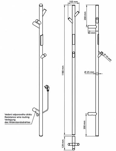 BEMETA elektrický sušiak uterákov 1180x130 mm, 30 W, s el. káblom, matná zlatá 704153015 Technický nákres