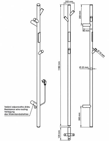 BEMETA elektrický sušiak uterákov 1180x130 mm, 30 W, s el. káblom, lesklá zlatá 704153011 Technický nákres