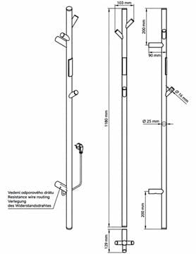 BEMETA elektrický sušiak uterákov 1180x130 mm, 30 W, s el. káblom, matná grafitová 704155015 Technický nákres
