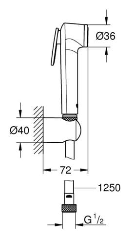 GROHE TEMPESTA-F TRIGGER SPRAY 30 bidetová spŕška, s hadicou a držiakom, supersteel 27513DC1 Technický nákres