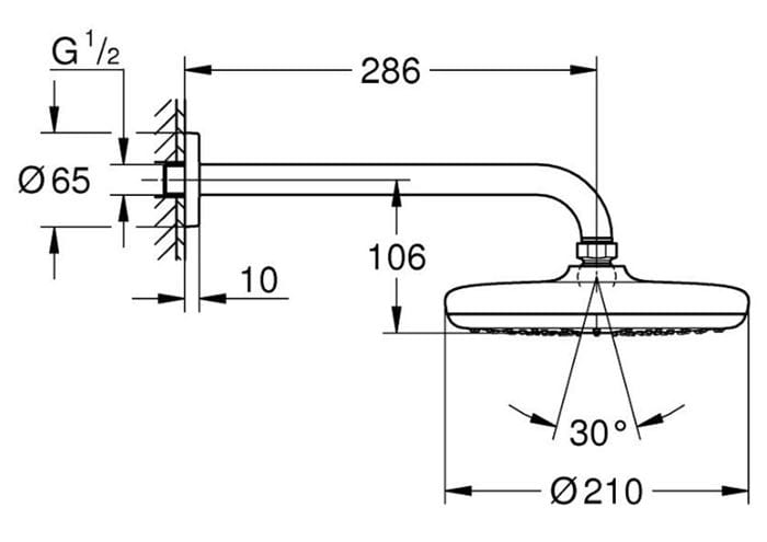 GROHE TEMPESTA 210 horná sprcha pr. 210 mm, s ramenom, Water Saving, matte black 1022182430 Technický nákres