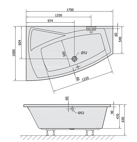 POLYSAN EVIA rohová vaňa 170x100 cm, bez nožičiek, akrylát 21611 Technický nákres