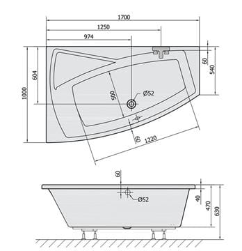 POLYSAN EVIA rohová vaňa 170x100 cm, bez nožičiek, akrylát 21611 Technický nákres