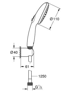 GROHE TEMPESTA 110 sprchová súprava 3-dielna, ručná sprcha pr. 110 mm, 2 prúdy, hadica, držiak, Water Saving, matte black 261642433 Technický nákres