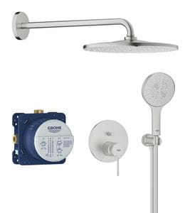 GROHE ESSENCE NEW sprchový set s podomietkovou batériou, horná sprcha, ručná sprcha s 3 prúdmi, hadica, držiak, supersteel