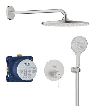 GROHE ESSENCE NEW sprchový set s podomietkovou batériou, horná sprcha, ručná sprcha s 3 prúdmi, hadica, držiak, supersteel
