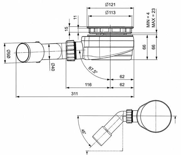 EASY nízky vaničkový sifón pr. 90 mm, chróm EAST007 Technický nákres