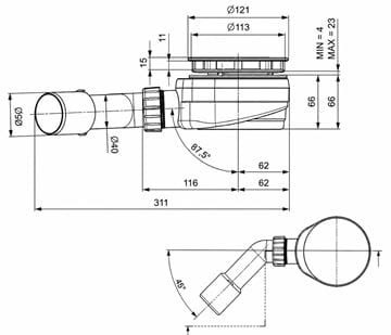 EASY nízky vaničkový sifón pr. 90 mm, chróm EAST007 Technický nákres