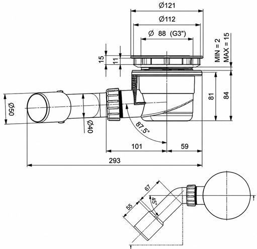EASY vaničkový sifón pr. 90 mm, chróm EAST008 Technický nákres
