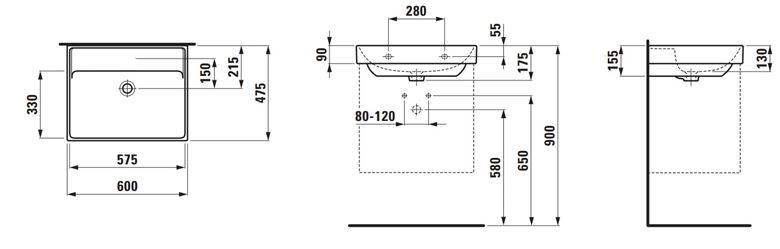 LAUFEN FIORA umývadlo 60 cm, s prepadom H810923000109L Technický nákres