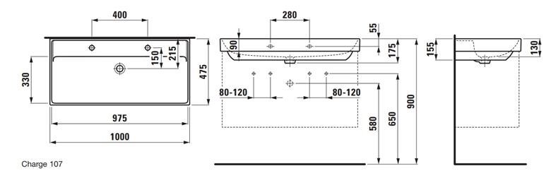 LAUFEN FIORA umývadlo 100 cm, s 2 otvormi pre batérie a prepadom H810929000107L Technický nákres