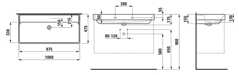 LAUFEN FIORA umývadlo 100 cm, s prepadom H810929000109L Technický nákres