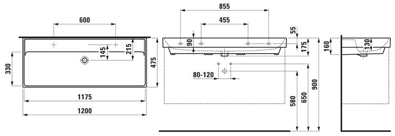 LAUFEN FIORA umývadlo 120 cm, s prepadom H814921000109L Technický nákres