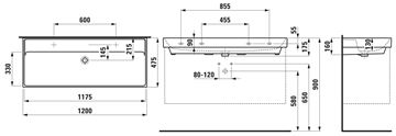 LAUFEN FIORA umývadlo 120 cm, s prepadom H814921000109L Technický nákres