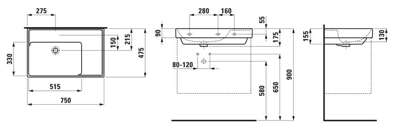 LAUFEN FIORA umývadlo 75 cm, s prepadom H817923000109L Technický nákres
