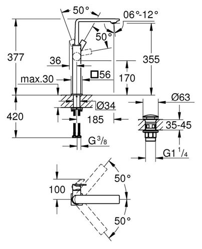 GROHE ALLURE umývadlová stojanková batéria, s odtokovou súpravou, brúsený hard graphite 23403AL1 Technický nákres