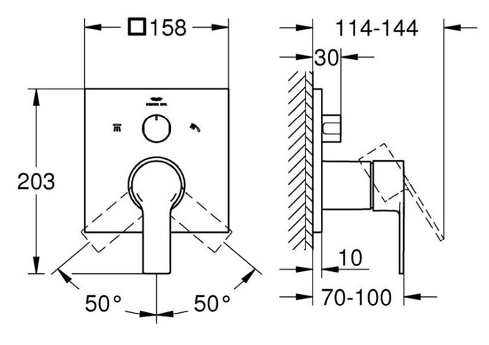 GROHE ALLURE podomietková batéria, pre 3 spotrebiče, brúsený hard graphite 29176AL1 Technický nákres