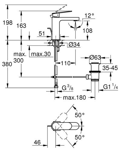GROHE PLUS umývadlová stojanková batéria, s odtokovou súpravou, brúsený hard graphite 32612AL4 Technický nákres