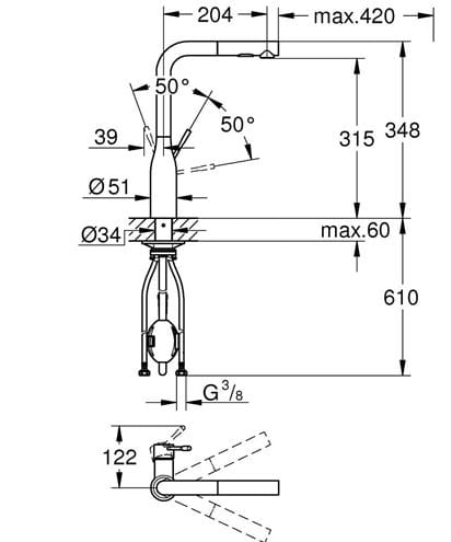 GROHE ESSENCE NEW drezová batéria, s vyťahovacou sprškou, phantom black 30504KF0 Technický nákres