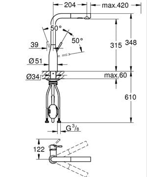 GROHE ESSENCE NEW drezová batéria, s vyťahovacou sprškou, phantom black 30504KF0 Technický nákres