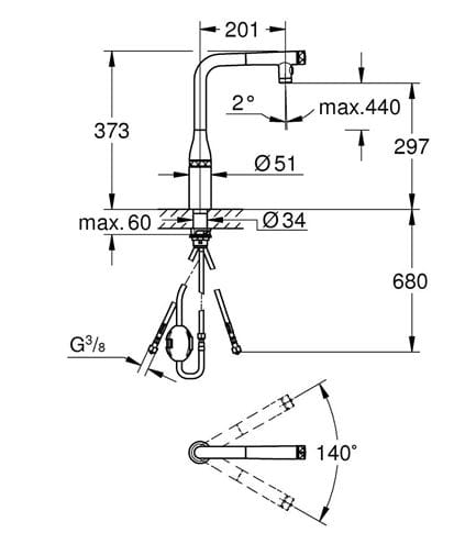 GROHE ESSENCE SMARTCONTROL drezová batéria, s vyťahovacou sprškou, chróm 31892000 Technický nákres