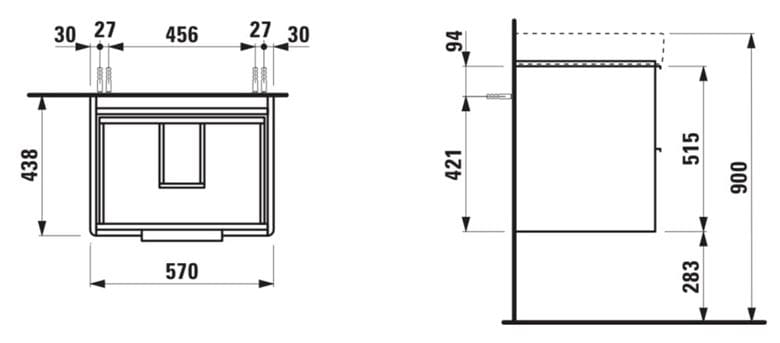 LAUFEN BASE skrinka pod umývadlo 57x43,8x51,5 cm, 2 zásuvky, matná biela H4022321102601 Technický nákres