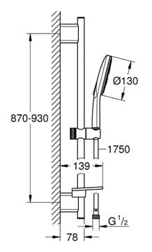 GROHE RAINSHOWER SMARTACTIVE 130 sprchová súprava 4-dielna, ručná sprcha pr. 130 mm, 3 prúdy, tyč, hadica, polička, chróm 26548000 Technický nákres